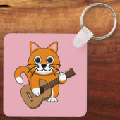 Cute Oranje White Cat Plays Guitar Cartoon Sleutelhanger (Achterkant)