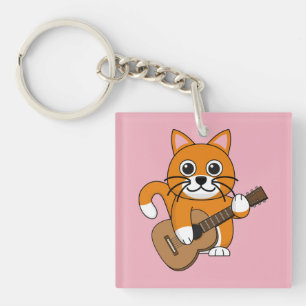 Cute Oranje White Cat Plays Guitar Cartoon Sleutelhanger