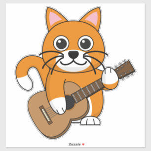 Cute Oranje White Cat Plays Guitar Cartoon Sticker