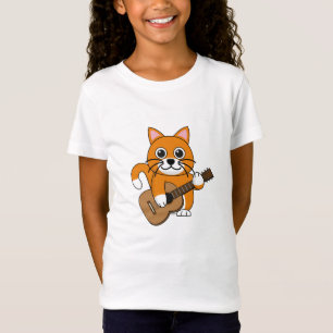 Cute Oranje White Cat Plays Guitar Cartoon T-shirt