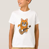 Cute Oranje White Cat Plays Guitar Cartoon T-shirt (Voorkant)