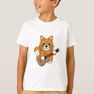Cute Oranje White Cat Plays Guitar Cartoon T-shirt