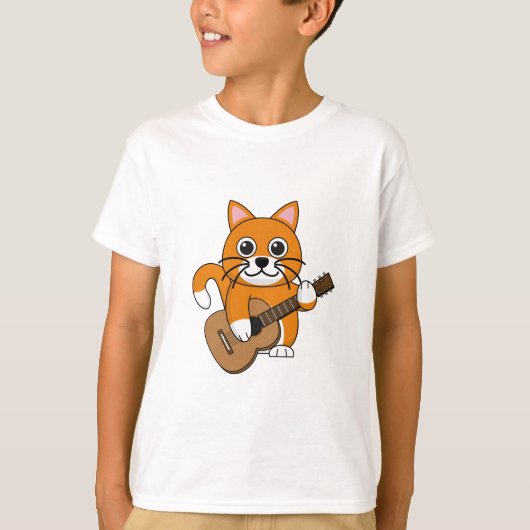 Cute Oranje White Cat Plays Guitar Cartoon T-shirt (Voorkant)