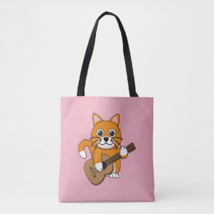 Cute Oranje White Cat Plays Guitar Cartoon Tote Bag
