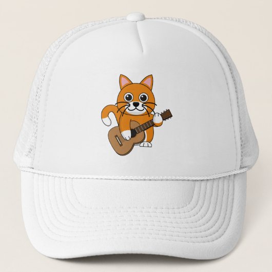 Cute Oranje White Cat Plays Guitar Cartoon Trucker Pet (Voorkant)