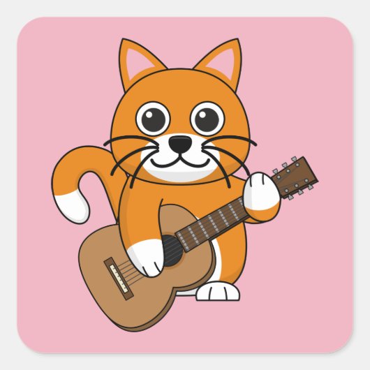 Cute Oranje White Cat Plays Guitar Cartoon Vierkante Sticker (Voorkant)