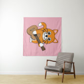 Cute Oranje White Cat Plays Guitar Cartoon Wandkleed (In Situ (horizontaal))