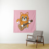 Cute Oranje White Cat Plays Guitar Cartoon Wandkleed (In situ)