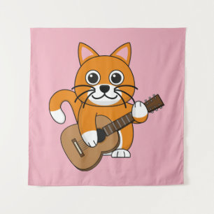 Cute Oranje White Cat Plays Guitar Cartoon Wandkleed