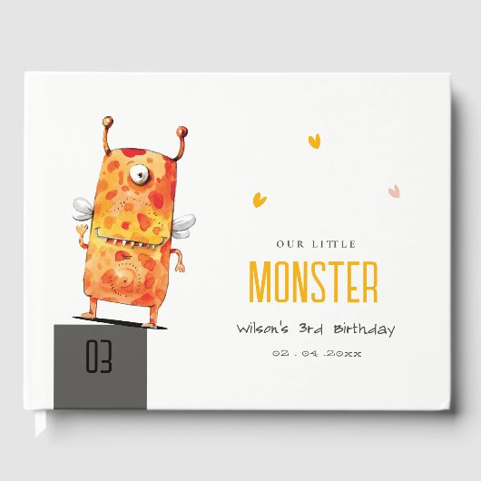Cute Oranje Yellow One Eyed Monster Kids Birthday Gastenboek (Voorkant)