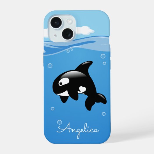 Cute Orca Whale in Ocean met Custom Name iPhone 15 Case (Achterkant)