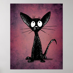 Cute Oriental Black Cat Art over Gothic Paars Poster
