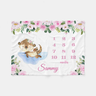 Cute Otter Baby Girl Monthly Milestone Growth Baby Fleece Deken