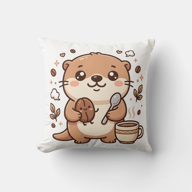Cute Otter Bean & Spoon Kawaii Coffee Decoratie Ku Kussen (Voorkant)