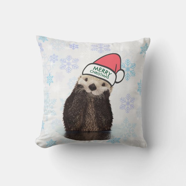 Cute Otter die een kerstman met kerstmis heeft. Kussen (Voorkant)