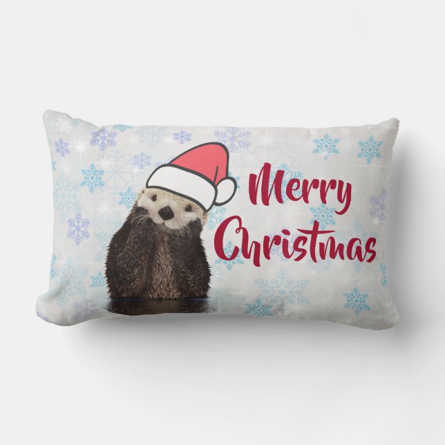 Cute Otter die een kerstman met kerstmis heeft. Kussen (Voorkant)