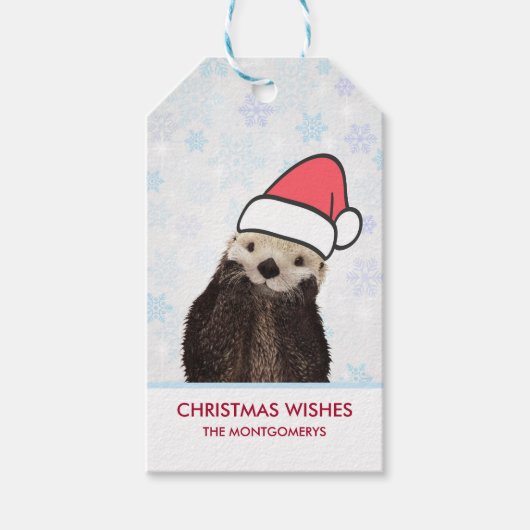 Cute Otter die met Kerstmis een kerstman heeft. Cadeaulabel (Voorkant)