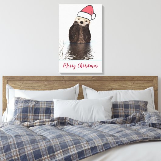 Cute Otter die met Kerstmis een kerstman heeft. Canvas Afdruk (Insitu (Slaapkamer))