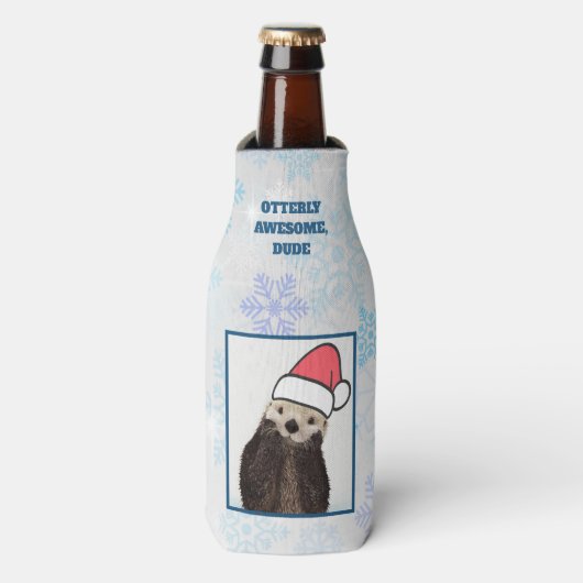 Cute Otter die met Kerstmis een kerstman heeft. Flesjeskoeler (Fles Voorkant)