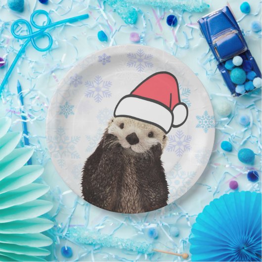 Cute Otter die met Kerstmis een kerstman heeft. Papieren Bordje (Feest)
