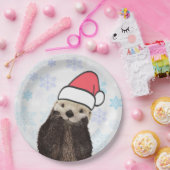 Cute Otter die met Kerstmis een kerstman heeft. Papieren Bordje (Feest)