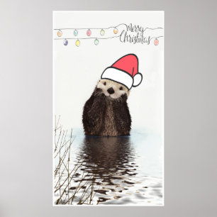 Cute Otter die met Kerstmis een kerstman heeft. Poster