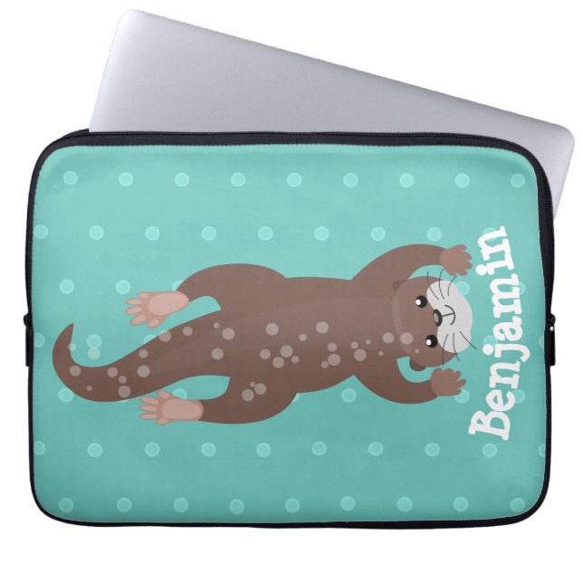 Cute otter-duiken op blauwgroen cartoon illustrati laptop sleeve (Voorkant)