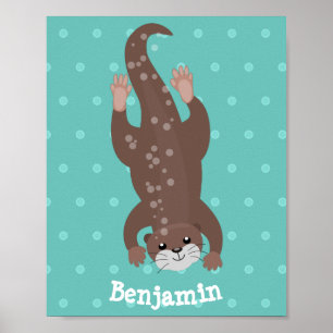 Cute otter-duiken op blauwgroen cartoon illustrati poster