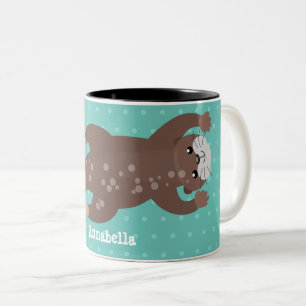 Cute otter-duiken op blauwgroen cartoon illustrati tweekleurige koffiemok