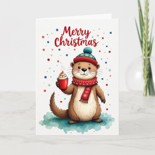 Cute Otter Hot Cocoa Merry Christmas Holiday Card Kaart (Voorkant)