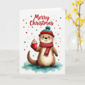 Cute Otter Hot Cocoa Merry Christmas Holiday Card Kaart (Gele Bloem)