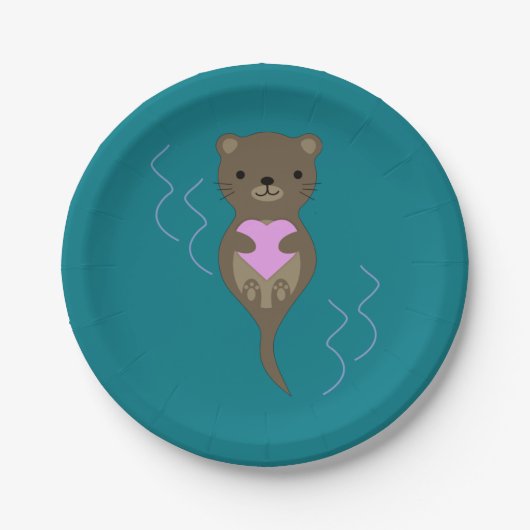 Cute Otter Hugging a Pink Heart Papieren Bordje (Voorkant)