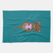 Cute Otter Hugging a Pink Heart Theedoek (Horizontaal)