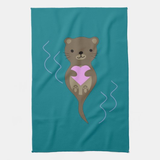 Cute Otter Hugging a Pink Heart Theedoek (Verticaal)