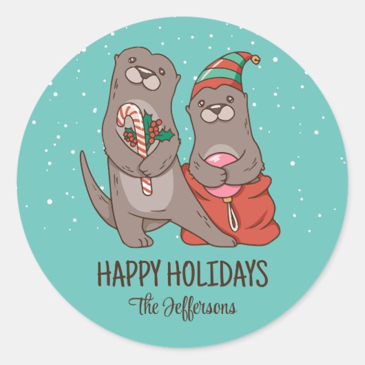 Cute Otter-kerstmis Snowy Winter Holiday Ronde Sticker (Voorkant)