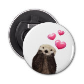 Cute Otter met roze liefdesharten Button Flesopener (Voorkant)