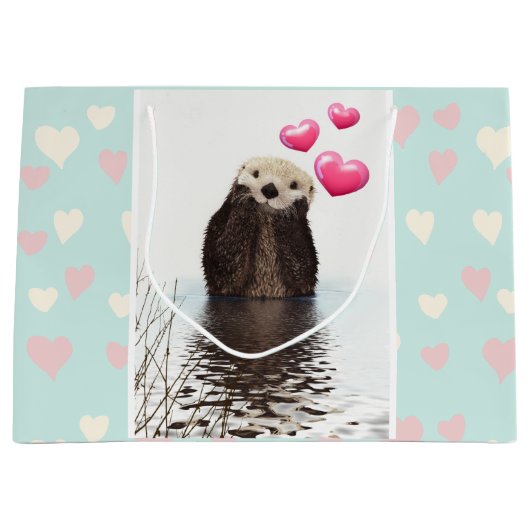 Cute Otter met roze liefdesharten Groot Cadeauzakje (Voorkant)