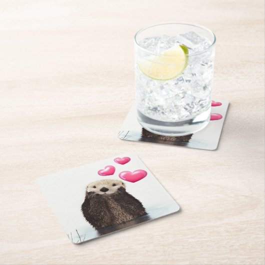 Cute Otter met roze liefdesharten Kartonnen Onderzetters (Insitu)
