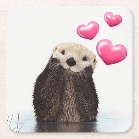 Cute Otter met roze liefdesharten Kartonnen Onderzetters (Voorkant)