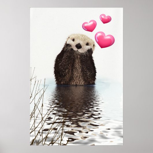 Cute Otter met roze liefdesharten Poster (Voorkant)