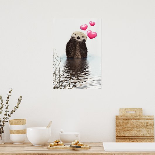 Cute Otter met roze liefdesharten Poster (Keuken)