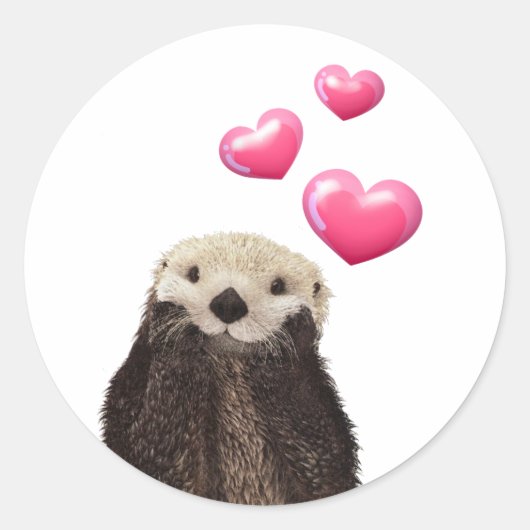Cute Otter met roze liefdesharten Ronde Sticker (Voorkant)
