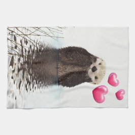 Cute Otter met roze liefdesharten Theedoek