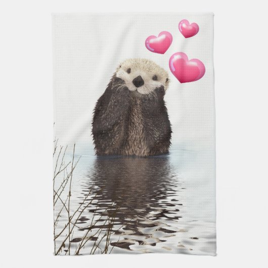 Cute Otter met roze liefdesharten Theedoek (Verticaal)