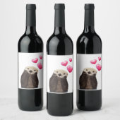 Cute Otter met roze liefdesharten Wijn Etiket (Flessen)