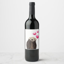 Cute Otter met roze liefdesharten Wijn Etiket