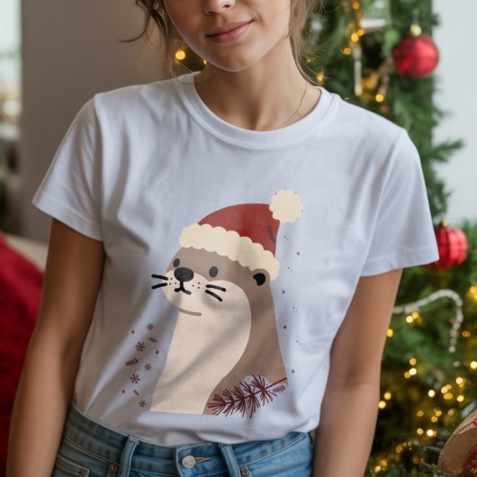 Cute otter with Christmas hat, Holiday Animal Tri-Blend Shirt
