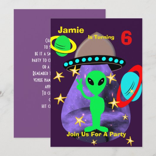 Cute outer Space Alien Thleed Birthday Party Kaart (Voorkant / Achterkant)