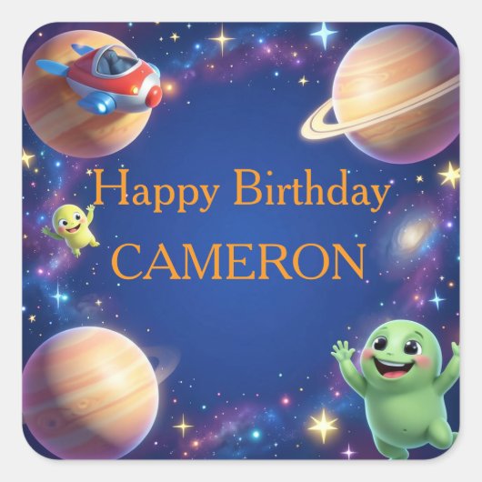 Cute Outer Space Aliens Birthday Party Vierkante Sticker (Voorkant)