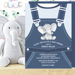 Cute Overalls ELEPHANT Baby shower Invitation Kaart